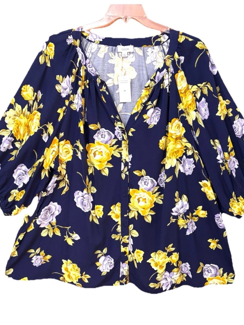 WOMEN PLUS FLORAL ROSES TOP 3X RAYON 3/4 SLEEVE ROMANTIC FEMININE SPLIT V NECK - Picture 2 of 10